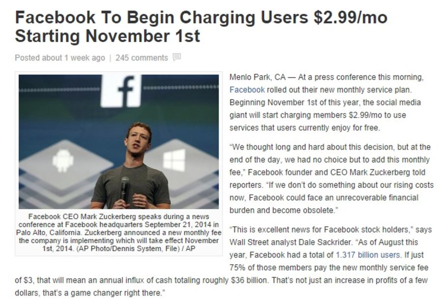 A fake story claiming Facebook will begin charging users has been shared and liked on the site millions of times. The social media site, which makes billions off advertising, has said repeatedly it will always be free.