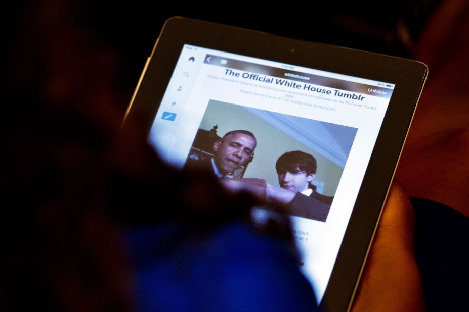 The White House has a page on Tumblr, a blogging platform that encourages sharing. Here, President Obama is seen with Tumblr founder and CEO David Karp doing a "fist bump" at a forum. 