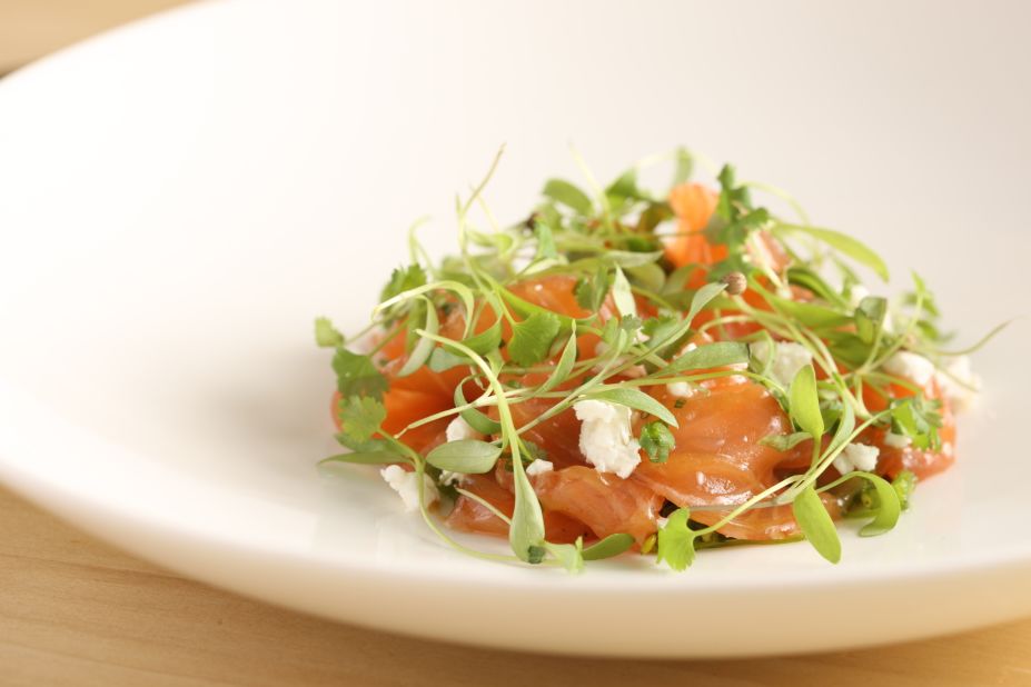 Tea cured salmon with goat cheese, tamarind and seaweed. On the menu at Manhattan's Pearl & Ash restaurant. 