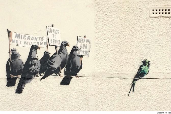 A Banksy mural depicting pigeons holding anti-immigration signs was destroyed by the local council in Clacton-on-Sea, England on October 1 after the council received complaints that the artwork was offensive.