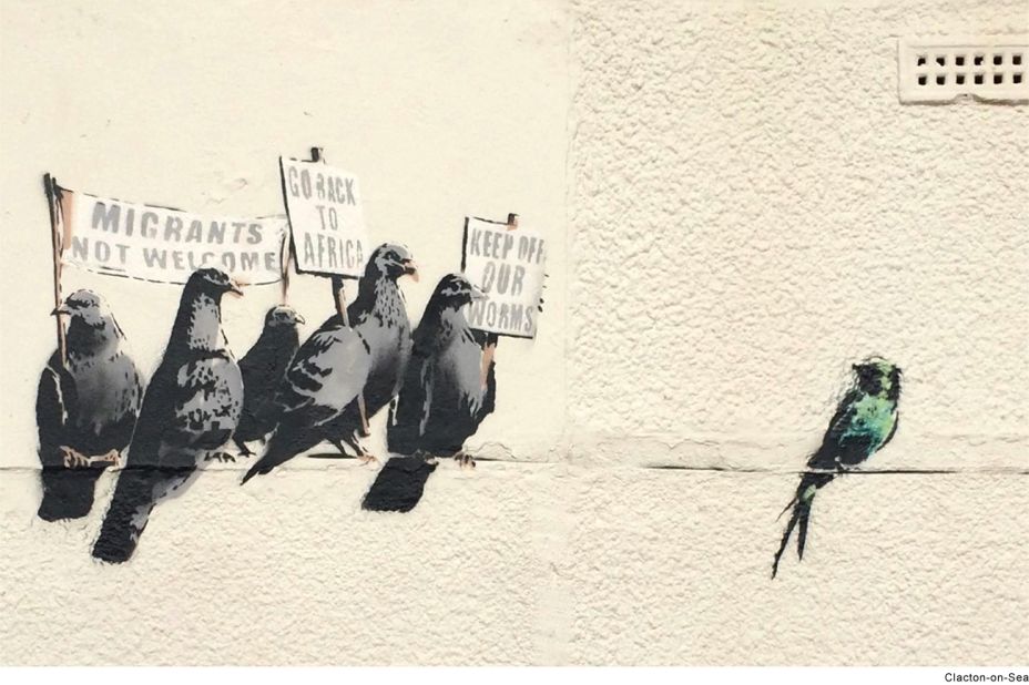 A Banksy mural depicting pigeons holding anti-immigration signs was destroyed by the local council in Clacton-on-Sea, England, in October 2014 after the council received complaints that the artwork was offensive.