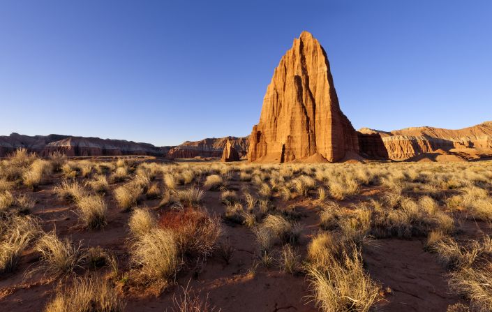 Temple of the Moon, a 400-foot-high sandstone monolith in the Cathedral Valley section of Capitol Reef National Park. 