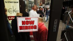 NEW YORK, NY - OCTOBER 02:  A notice in a store window announces a retail job opening  on October 2, 2014 in New York City. In a sign that the labor market continues to improve, new numbers released on Thursday show that the number of Americans filing new claims for unemployment benefits fell last week. The Labor Department said on Thursday that claims for state unemployment benefits fell by 8,000 to a seasonally adjusted 287,000 in the week ended Sept. 27.  (Photo by Spencer Platt/Getty Images)