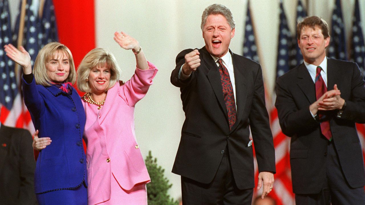 In this November 4, 1992, file photo, Hillary Clinton, Tipper Gore, Bill Clinton and Al Gore celebrate their successful bid for the White House from the Old State House in Little Rock, Arkansas.