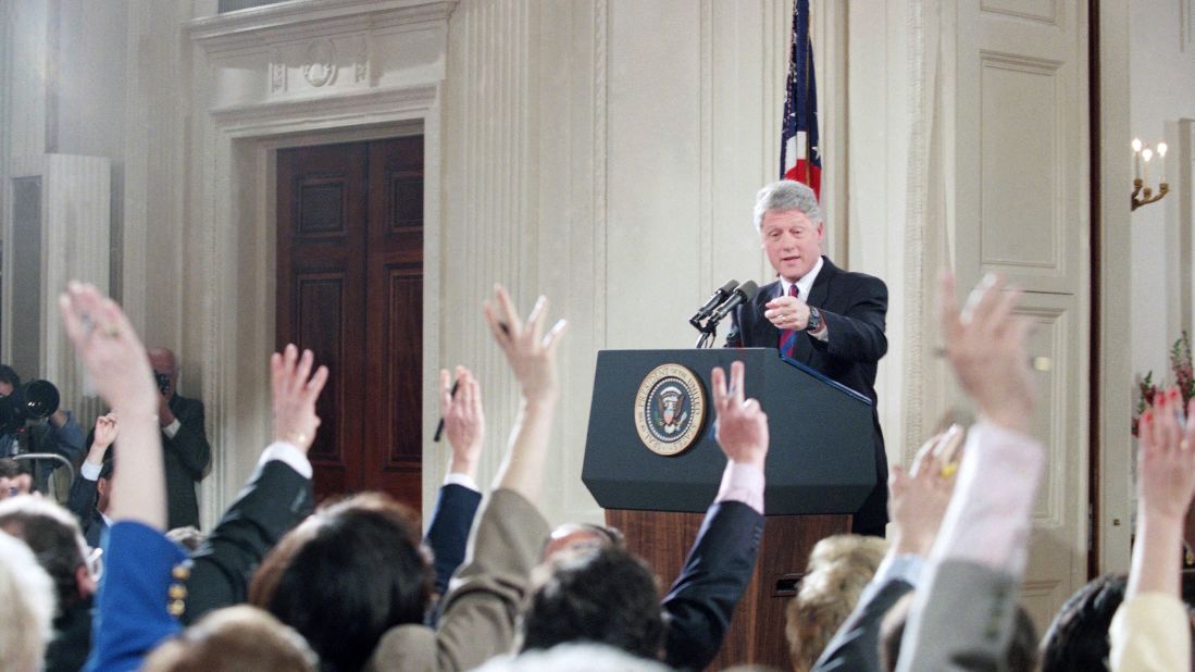 Clinton calls on a reporter during a White House news conference in March 1994. The President said he would release his tax returns from the late-1970s to answer questions about his Whitewater investment. Six years later, independent counsel Robert Ray closed the Whitewater investigation, clearing the Clintons of any wrongdoing in the real-estate scandal.