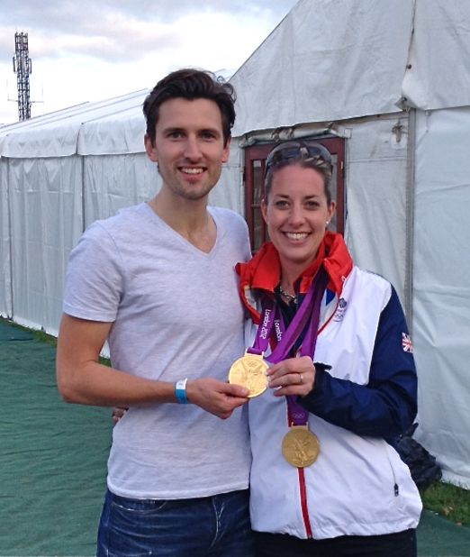 Tom Hunt, seen here with Dujardin and her Olympic medals, used video analysis to precisely match the tempo and rhythm of Dujardin's horse with his composition.