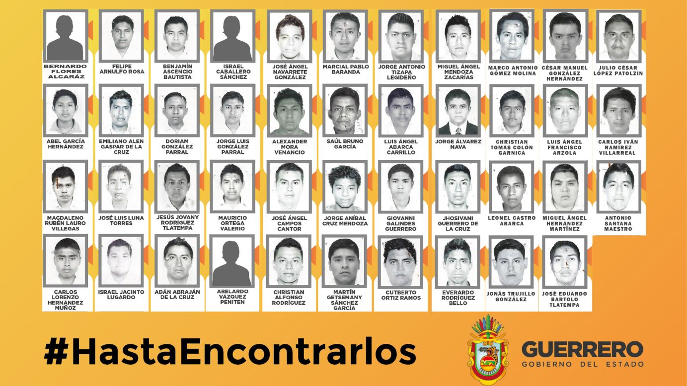 Forty-three students remain missing after armed men ambushed buses carrying students in southern Mexico on on September 26 .The Mexican state of Guerrero posted images and offered a reward of 1 million pesos ($74,000) for information leading to the missing students. Images of three missing students were not available.