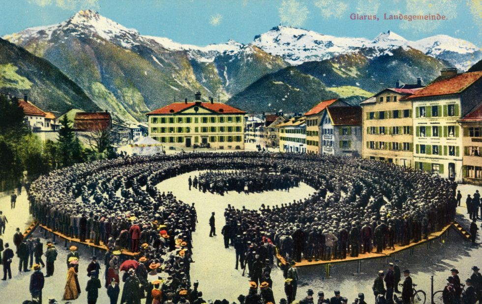 Many of Feller's postcards depicted scenes from around his homeland, like this photograph of a crowd in the Swiss town of Glarus.