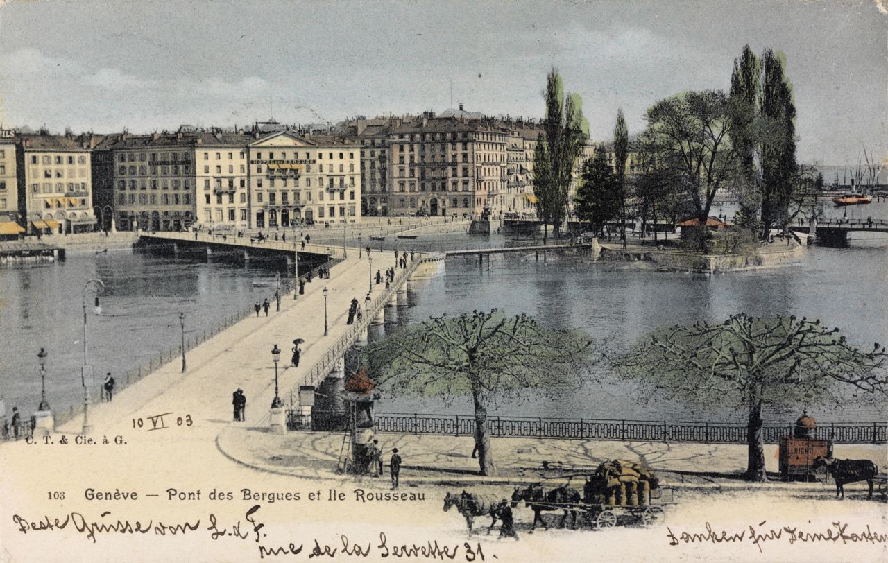 Geneva's Pont des Bergues is seen stretching over the Rhone river in this card from 1903.