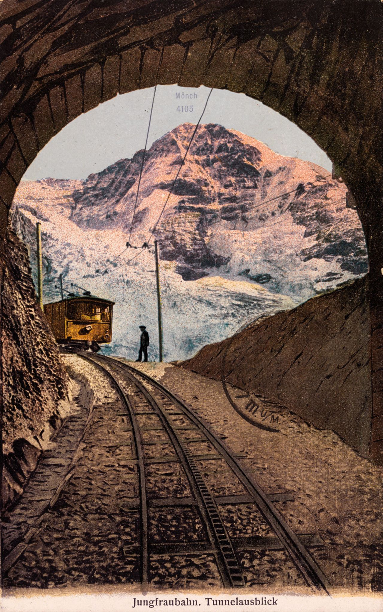 This card postmarked 1926 shows a funicular train on Switzerland's Jungfrau Railway, which connects to Jungfraujoch, the highest station in Europe.