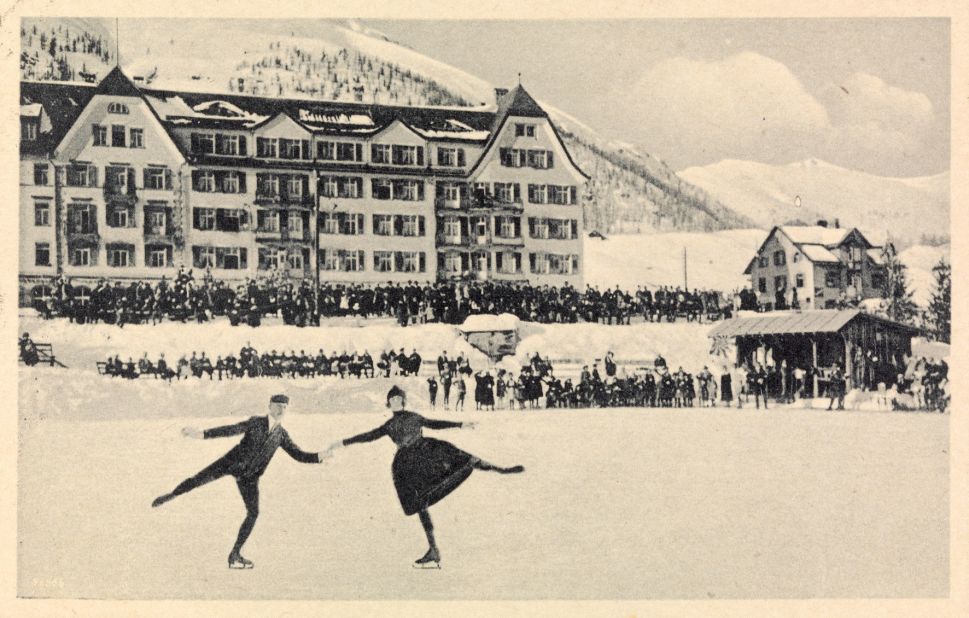A charming scene of skaters outside the Cresta Palace in the Swiss resort of St. Moritz. This card is date stamped 1923.