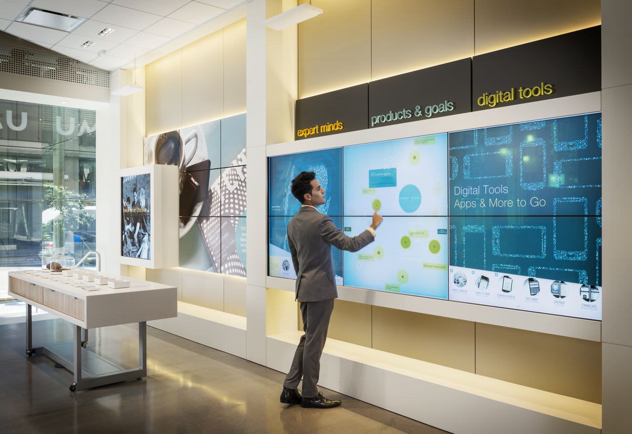Umpqua bank has a flagship store in San Francisco that features a "Catalyst Wall" -- an interactive digital wall, where users can find out new trends and insights in the world of business.  