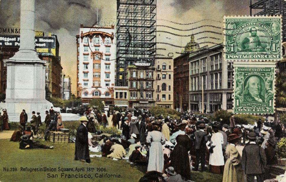 Not all vintage postcards displayed picture "postcard" scenes. This one from 1906 shows refugees gathered in San Francisco's Union Square.
