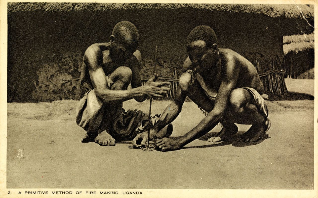 Sent just two years before Feller's death in 1931, this postcard shows two men in Uganda demonstrating, according to the caption, "a primitive method of fire making."