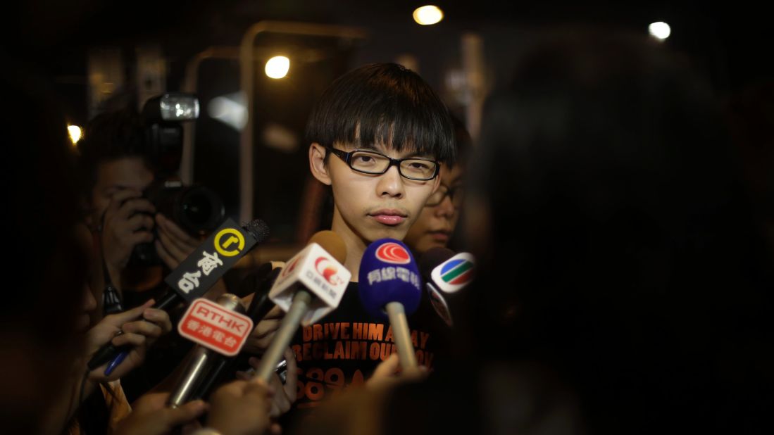 Joshua Wong, a 17-year-old student protest leader, is interviewed at the protest site near government headquarters on Monday, October 6.