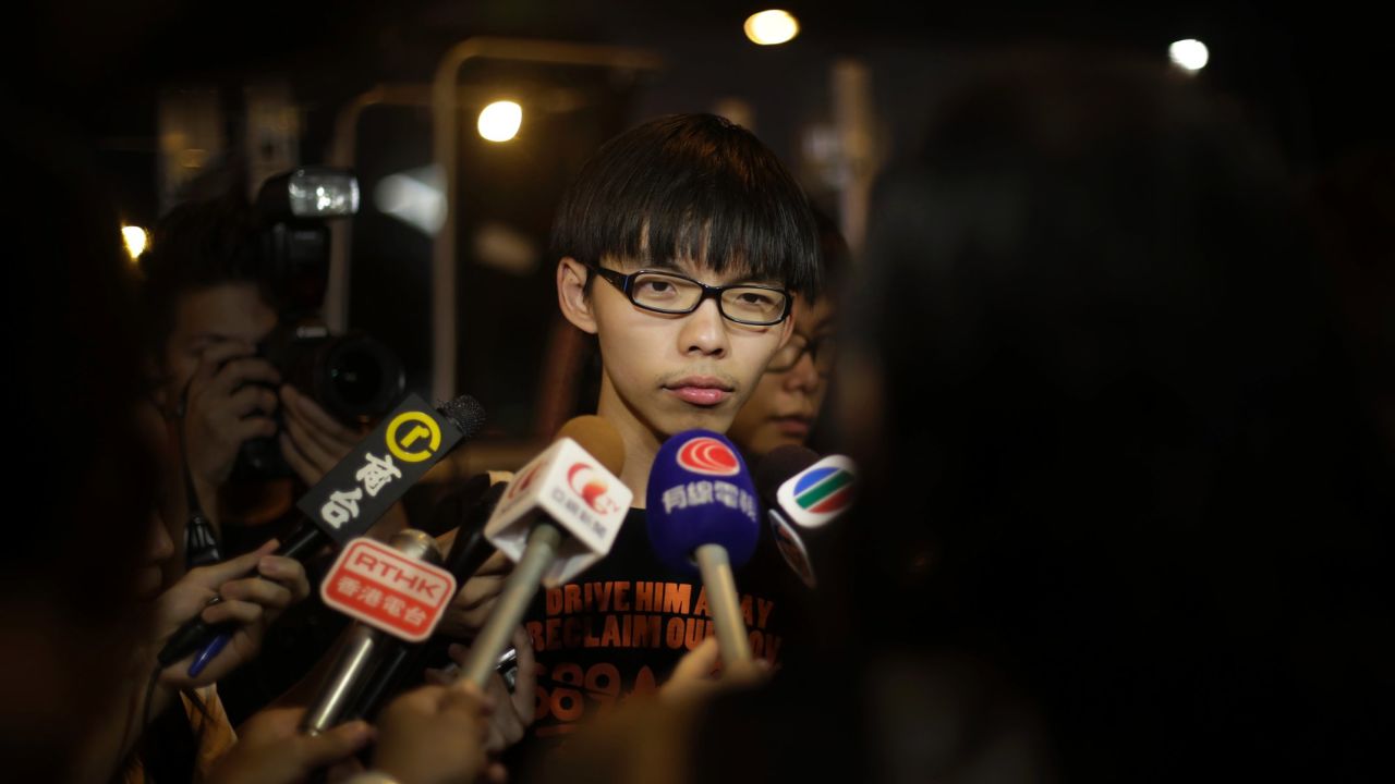 Joshua Wong, a 17-year-old student protest leader, is interviewed at the protest site near government headquarters on Monday, October 6.
