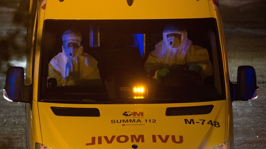 The Spanish nurse infected by Ebola is moved by ambulance to Carlos III Hospital from Alcorcon Hospital on October 7, 2014 in Alcorcon, Spain.