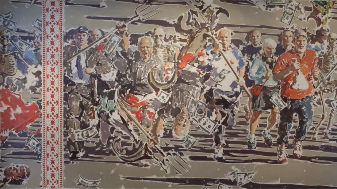 This 2012 painting by Vasily Tsagolov, which depicts a crowd of people holding pitchforks and accompanied by skeletons, is called "Ghost of Revolution."