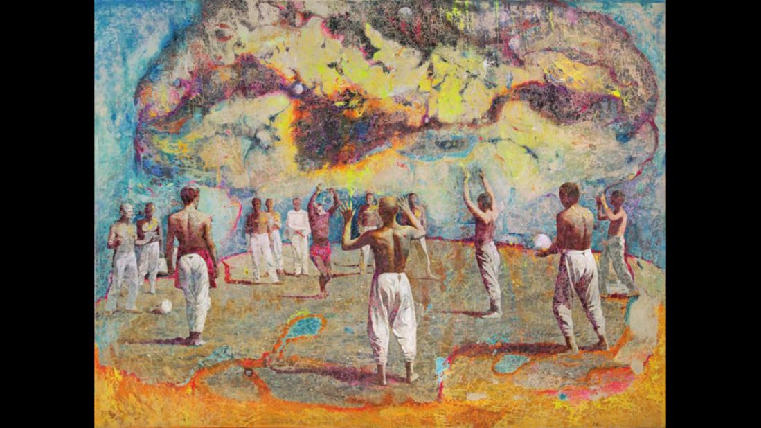 Victor Sydorenko's 1996 painting is entitled "Invasion," and shows a group of people watching an explosion just over the horizon.