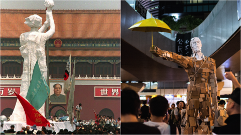 The Goddess of Democracy (left image), erected by student protesters in 1989 in Tiananmen Square. The photo on the right shows a wooden statue of an umbrella man, created by an art graduate student who calls himself Milk. He told CNN he did not intend to link the piece with the Tiananmen symbol. 