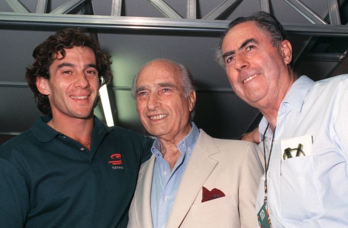 Ayrton Senna (left) seen here with three-time world champion - and David's father - Jack Brabham (right) and five-time champion Juan Manuel Fangio (center) died during the 1994 race at Imola. The Brazilian's death, 20 years ago, was the last fatality in F1.