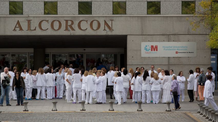 Health workers gather in a protest outside Hospital Fundacion Alcorcon where a Spanish nurse tested positive for the Ebola virus on October 7, 2014 in Alcorcon, near Madrid, Spain.