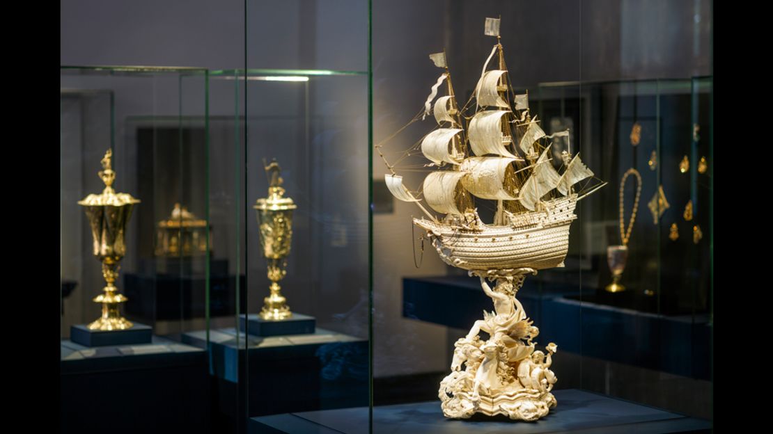 This exquisite frigate of ivory and gold, supported by a figure of Neptune, was the final work of the noted Dutch carver Jacob Zeller. The ship's billowing sails are wafer-thin slivers of ivory.