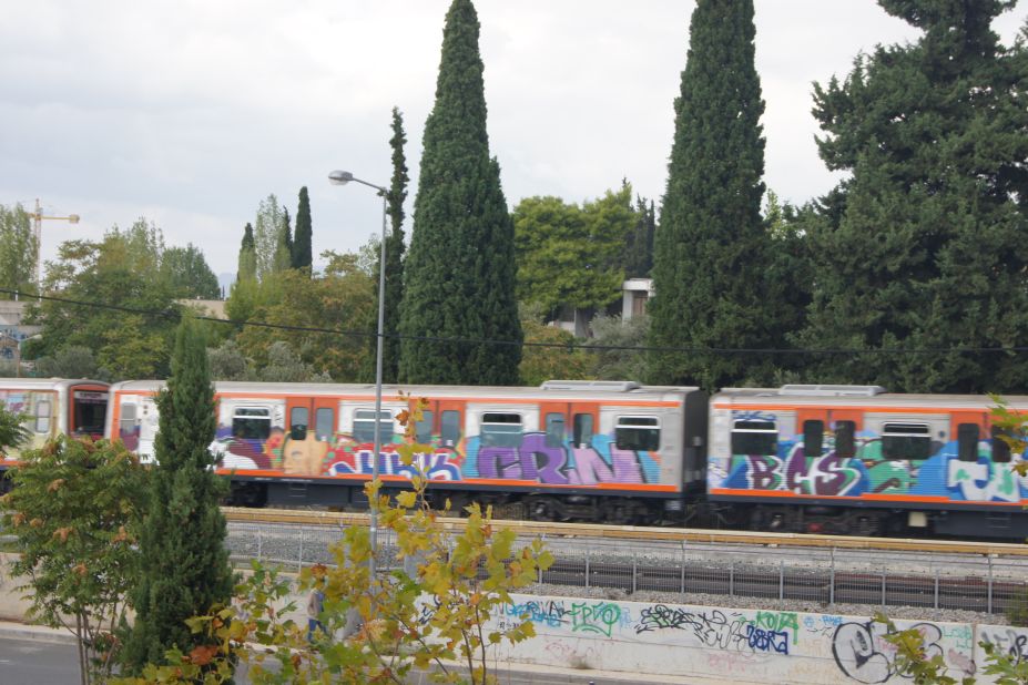 <a href="http://ireport.cnn.com/docs/DOC-1174236">Milagros Viernes</a> sees trains pass by his apartment in Athens, Greece, every 10 minutes or so, and says graffiti tags on the cars is a common sight.