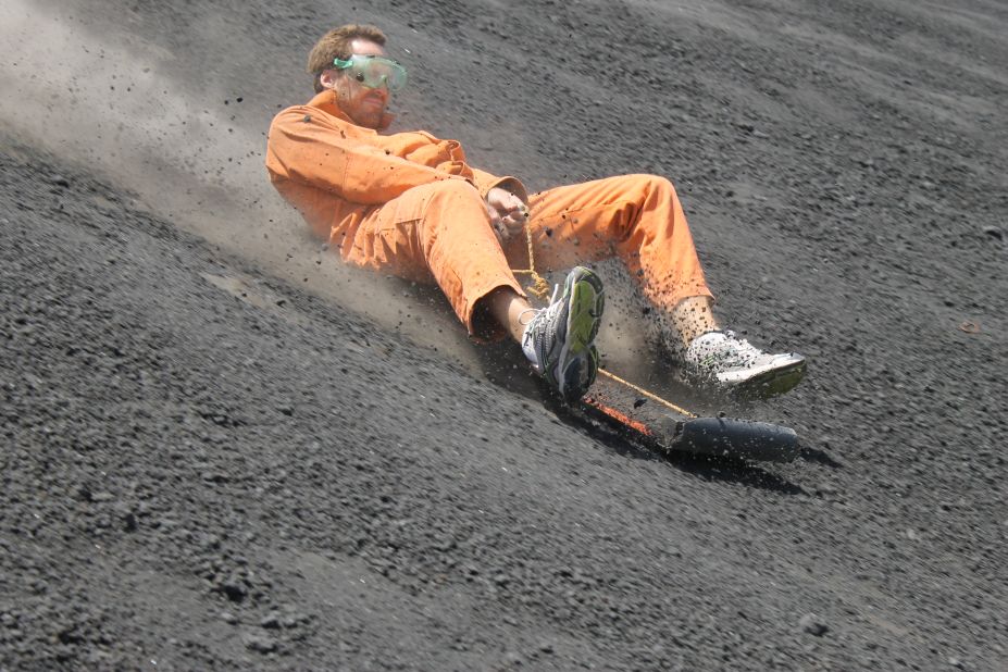Neither too large nor too small for sliding down (roughly 1,500 feet from peak to base), the smooth, denuded conditions on Cerro Negro make it the ideal place for such madness.
