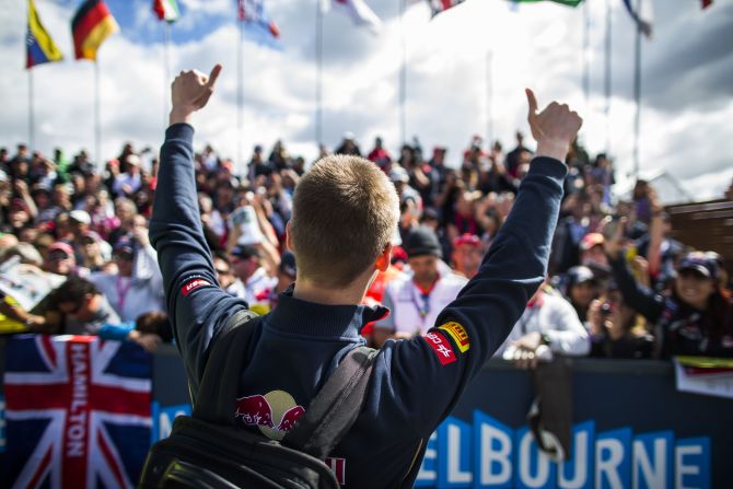 It's a thumbs up for his Toro Rosso debut at the Australian Grand Prix in 2014 as he finishes ninth in his maiden F1 race in Melbourne.
