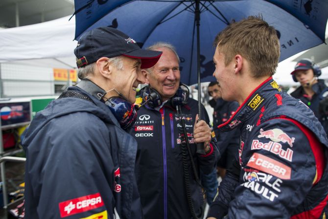 There are smiles all round as Kvyat is announced as a Red Bull driver for 2015. Like the man he is replacing, Sebastian Vettel, his career has been overseen by former F1 racer Helmet Marko (center.)