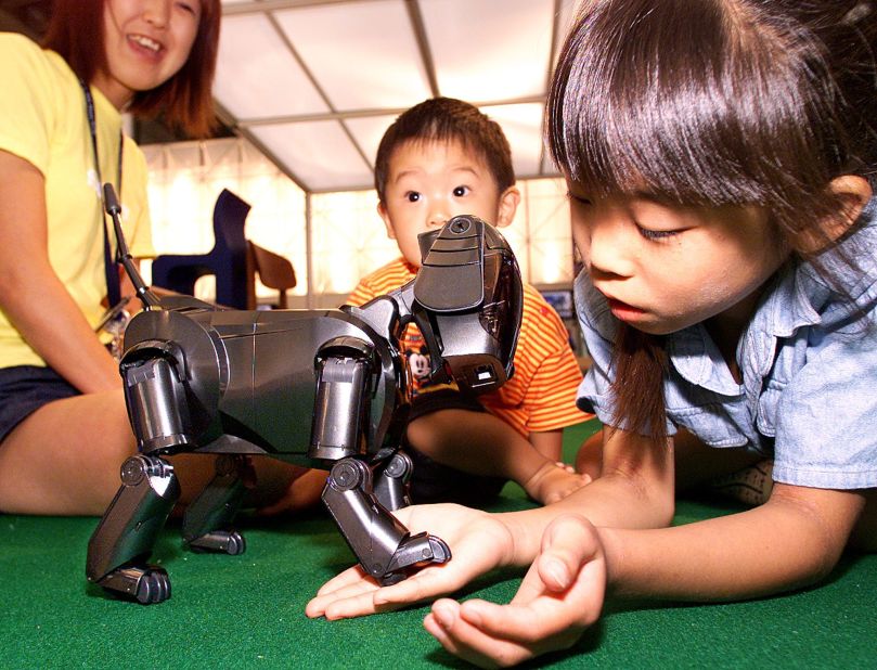 An eight-year-old Japanese girl Moegi Terada plays with Sony's robot dog Aibo, one of the very first commercially available robots inspired by an animal.