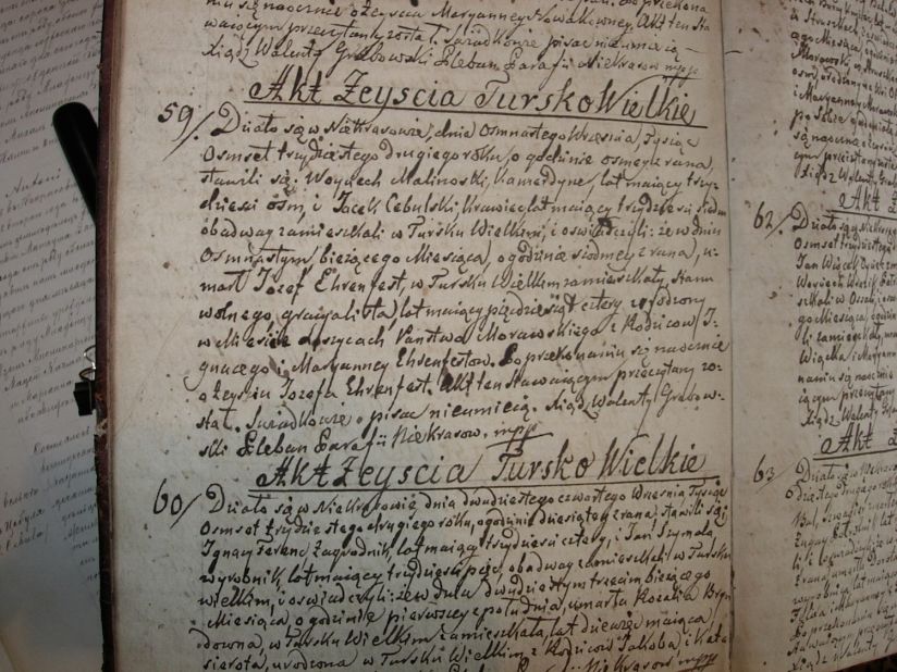 During an earlier trip, the author visited Poland and was able to look through a family history records book. 