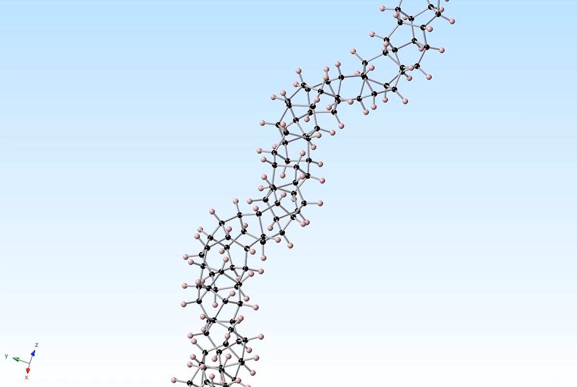 Los 'nanohilos' de diamante son más fuertes y resistentes que los nanotubos y polímeros más fuertes de hoy en día. En el centro del nanohilo de encuentra una delgada hebra de átomos de carbono dispuestos en la misma forma piramidal que la estructura de un diamante. 
