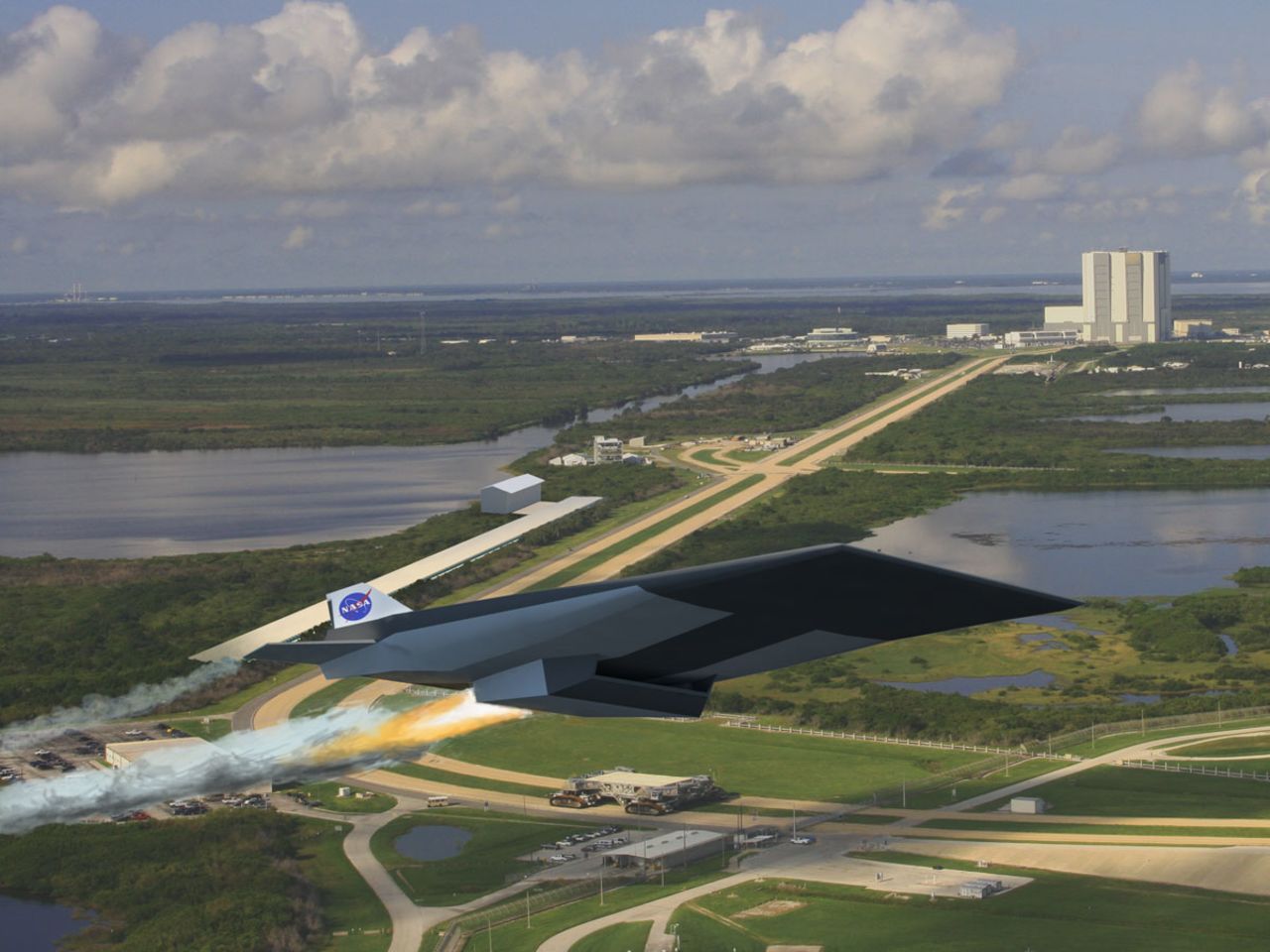 An artist's impression shows a potential design for a rail-launched aircraft and spacecraft. Early designs envision a 2-mile-long track at Kennedy Space Center shooting a Mach 10-capable carrier aircraft to the upper reaches of the atmosphere.