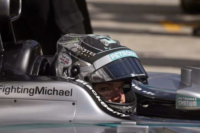 Nico Rosberg's helmet has a sticker saying "All of us with Jules" in French to support Bianchi. His Mercedes also has a message backing F1 legend Michael Schumacher, who is in long-term recovery after a skiing accident 10 months ago.   