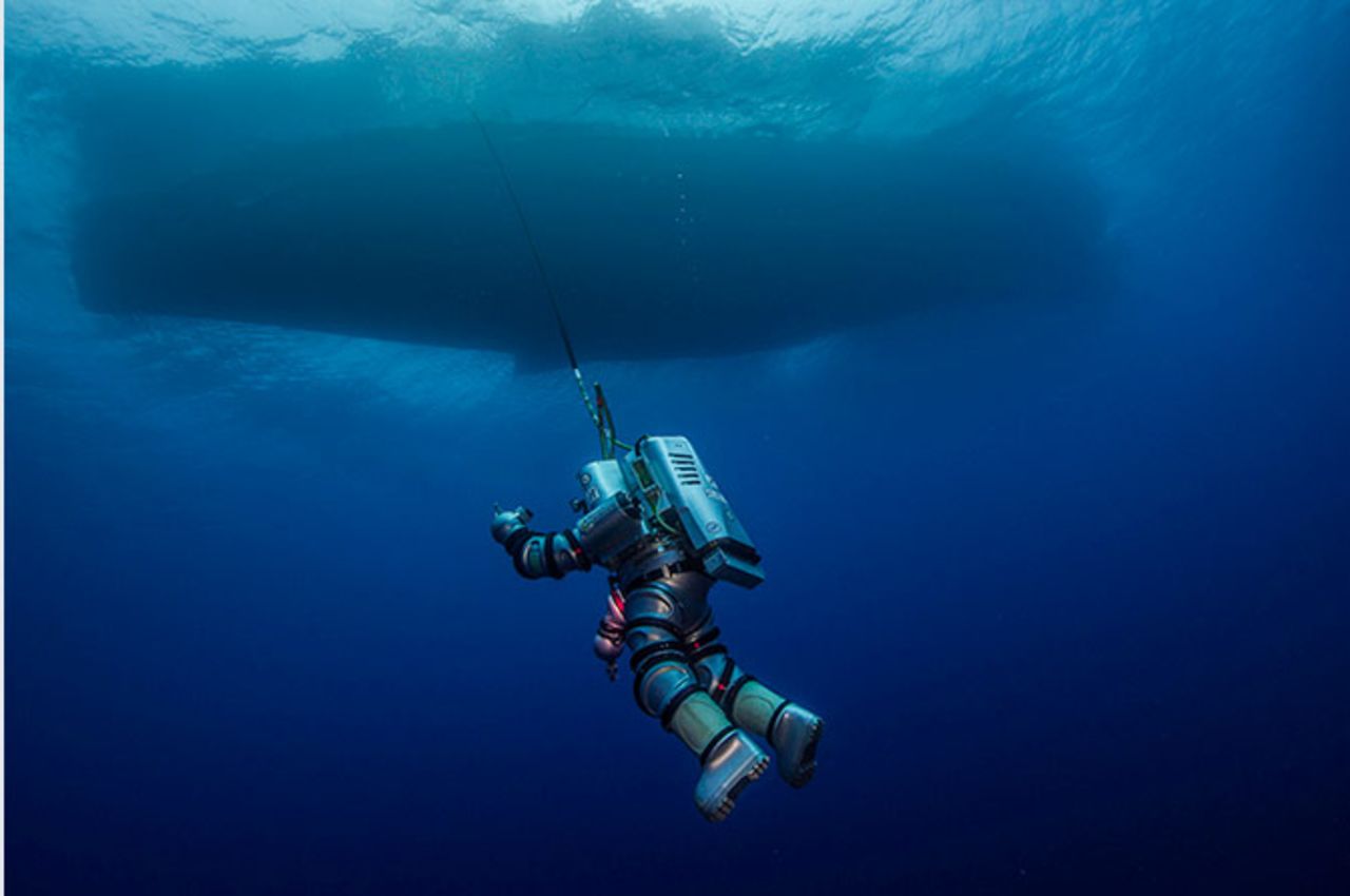 WHOI diving safety officer Edward O'Brien "spacewalks" in the next-gen atmospheric "Exosuit," during the 2014 Return to Antikythera project, which ran from September 15 to October 7. The divers are planning to return to the Antikythera next year to continue excavating the site following a successful first season.