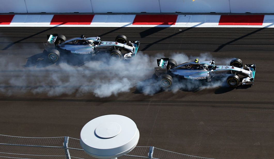 Nico Rosberg ruins his tires when he locks up trying to pass Mercedes teammate Lewis Hamilton for the lead at the second corner of the grand prix. The mistake ends Rosberg's victory hopes.