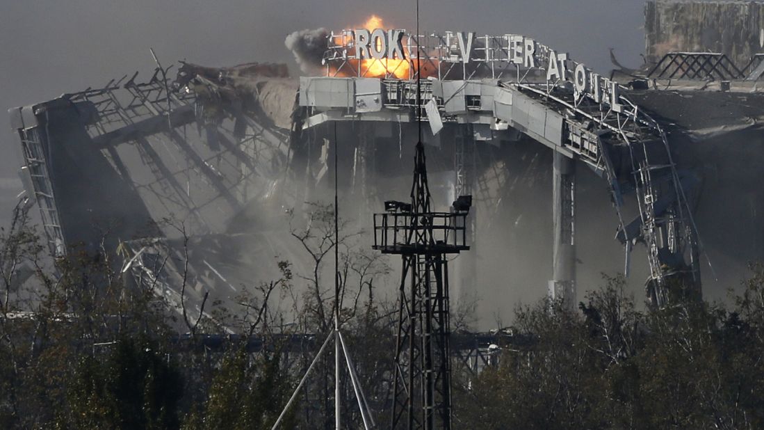 The main terminal of Donetsk Sergey Prokofiev International Airport is hit by shelling during fighting between pro-Russian rebels and Ukrainian forces on Wednesday, October 8.