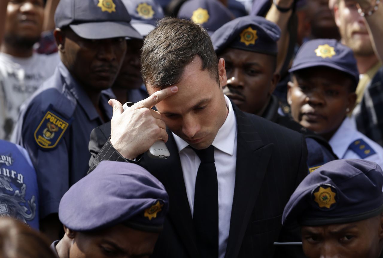 Pistorius leaves the high court in Pretoria on Monday, October 13. A judge cleared Pistorius of premeditated murder last month, but he was found guilty of culpable homicide -- the South African term for unintentionally, but unlawfully, killing a person.