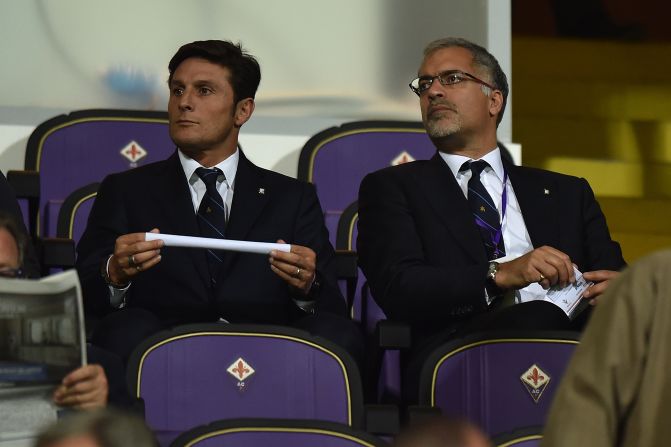 Inter's chief executive officer is Michael Bolingbroke, who previously worked for Manchester United, and is pictured sitting next to Inter vice-president Javier Zanetti.