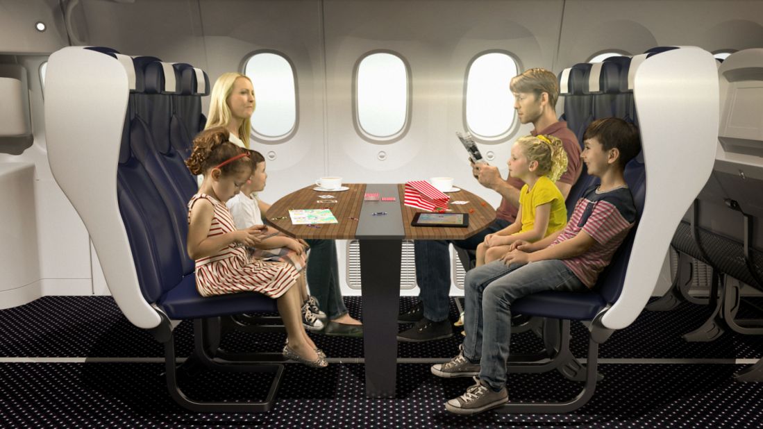 Family booths at the back of the plane will allow parents and kids to sit facing each other. 