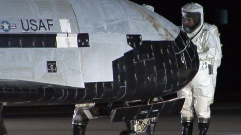 The X-37B Orbital Test Vehicle sits on the runway at Vandenberg Air Force Base on December 3, 2010, during post-landing operations.