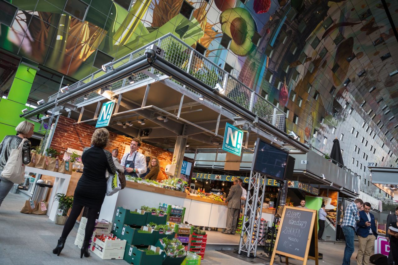 The super-modern <a href="http://edition.cnn.com/2014/10/13/travel/rotterdam-markthal-food-hall/">Rotterdam Markthal </a>-- a mammoth fruit and vegetable market -- opened last last year. Its promoters describe it as a "Valhalla of food." 