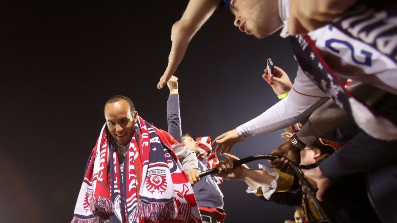 Fans cheer American soccer star Landon Donovan after he played his final international match Friday, October 10, in East Hartford, Connecticut. Donovan played 157 matches for the United States from 2000-2014, and he finished as the country's all-time leading goalscorer (57). 