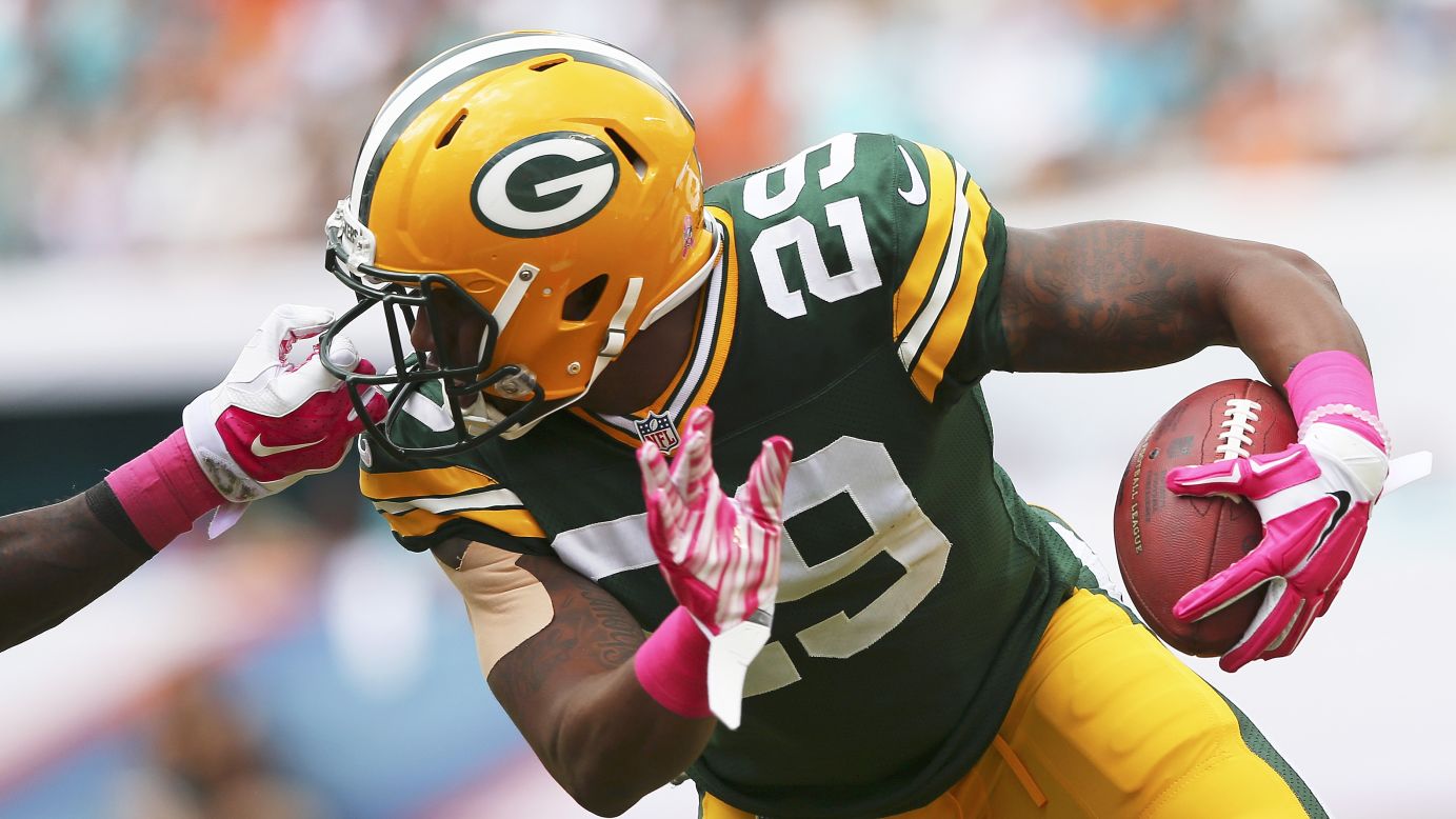 Green Bay Packers cornerback Casey Hayward has his face mask pulled after intercepting a pass at Miami on Sunday, October 12. The Packers defeated the Dolphins 27-24 to improve their record to 4-2 this season.
