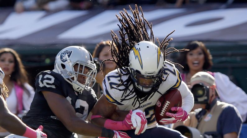 San Diego cornerback Jason Verrett intercepts a pass to clinch a Chargers 31-28 victory Sunday, October 12, in Oakland, California. The Chargers are now 5-1, while the Raiders are still winless at 0-5.