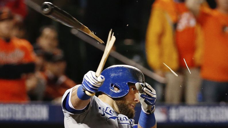 Kansas City's Alex Gordon breaks his bat as he hits a three-run double in Game 1 of the American League Championship Series, which was played Friday, October 10, in Baltimore. Gordon's Royals won the opening game in extra innings. 