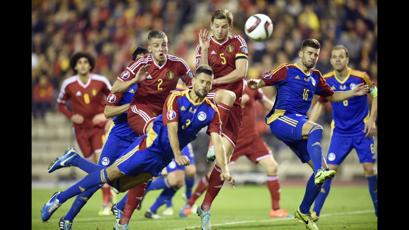 Andorra defender Marc Vales (No. 3) tries to head the ball away from Belgian players during a Euro 2016 qualifying match played Friday, October 10, in Brussels, Belgium. Belgium crushed Andorra 6-0.