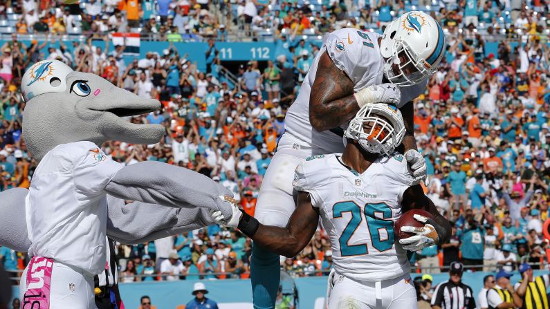 Miami Dolphins running back Lamar Miller (No. 26) is congratulated by teammate Mike Pouncey and the Dolphins mascot after scoring a touchdown against Green Bay on Sunday, October 12.